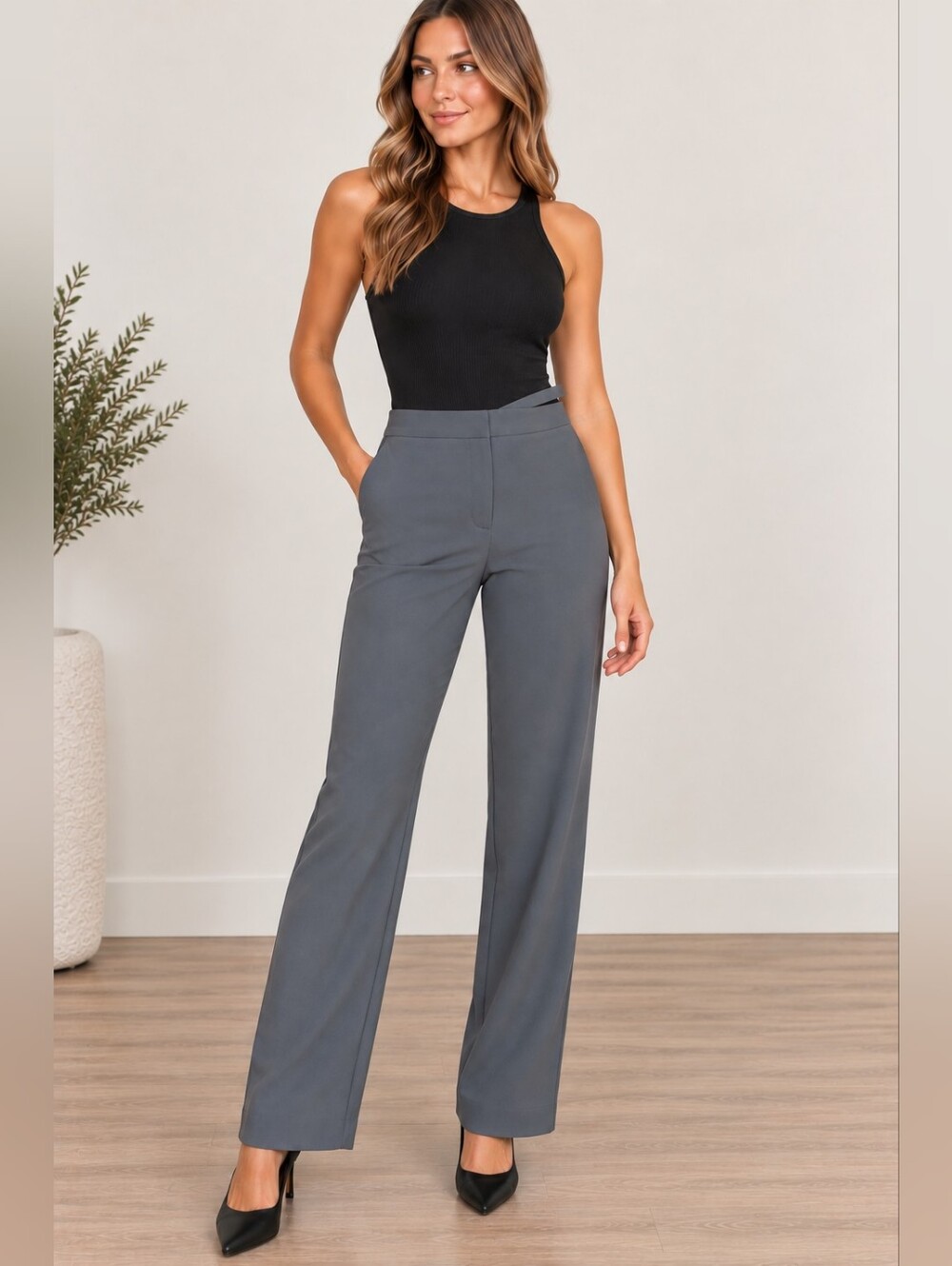 OAK + FORT Wide-Leg High-Rise Pants in Slate